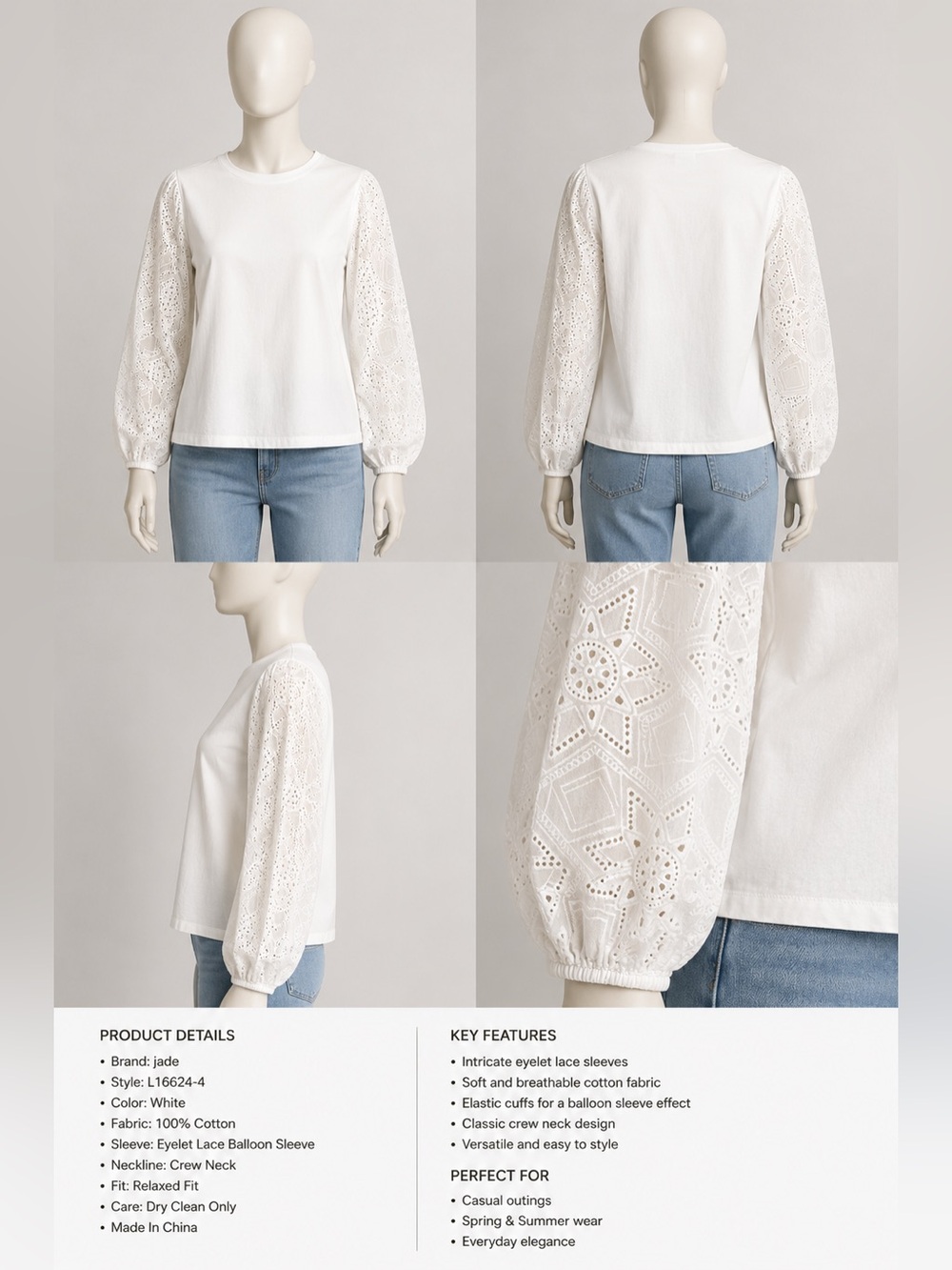 Jade White Eyelet Lace Balloon Sleeve Blouse Boho Cottagecore Cotton Top Medium
